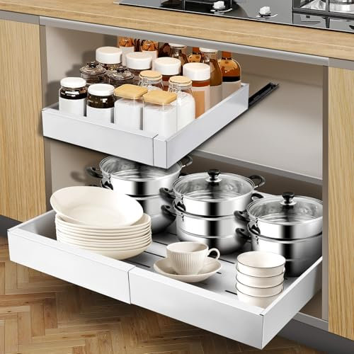 ICARE Teleskopschublade, Einstellbare Breite 32-52cm, Hochwertiger Kohlenstoffstahl Schubladen Organizer Küche, Pull Out Cabinet Drawer Organizer, Küchenschrank Schrank Organizer Ausziehbar（Weiß）