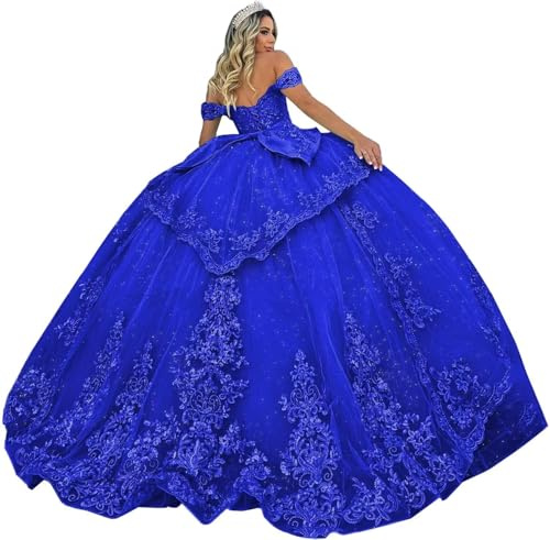 Fuomomo Robes de Quinceanera en Tulle Robe de Bal Appliques de Dentelle Scintillante Robes de Quinceanera Hors de l'épaule Robe de Bal Princesse Longue Robe de soirée MT038