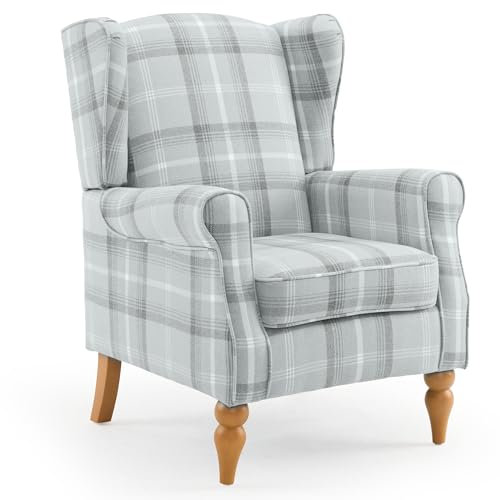 EROMMY Ohrensessel, Vintage Sessel mit Holzfüße, gepolsterte Relaxsessel, Einzelsessel für Wohnzimmer, Schlafzimmer, Leinen, Grau