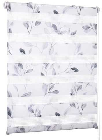 HOMEDEMO Doppelrollo Klemmfix ohne Bohren mit Muster Weiß-blätter 90x150cm