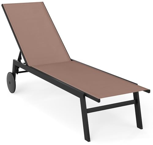 COSTWAY Lettino Prendisole da Giardino, Sdraio da Patio con Schienale Regolabile a 6 Posizioni, Tessuto Traspirante, 2 Ruote, per Piscina, Terrazza e Giardino, Portata 150 kg (Marrone,1)