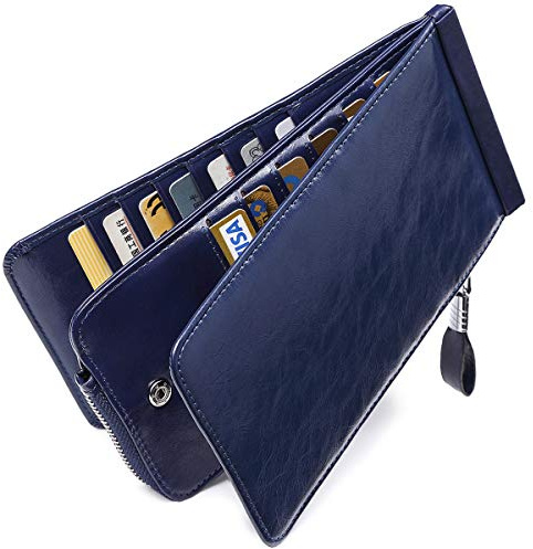Huztencor Geldbörse Damen Leder RFID Schutz Portemonnaie Geldbeutel Brieftasche Kartenetui für Frauen Groß Lang mit Vielen Kartenfächern und Reißverschluss Münzfach Blau