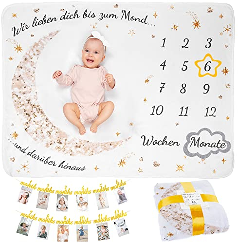 ODOXIA Baby Meilenstein Decke auf Deutsch | Im Set mit Foto Banner 1. Geburtstag | Monatsdecke Baby Junge & Mädchen Mond & Sterne | Neugeborenen-Geschenk für Mütter personalisiert, Unisex