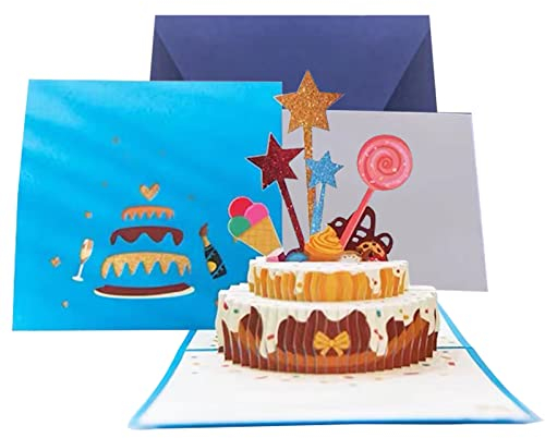 3D Pop Up Geburtstagstorte Grußkarte Geburtstagskarte Geschenkbox Design 3D Pop Up Karte mit Umschlag Geschenk für Ihre Familie, Freunde und Liebhabe（BLUE）