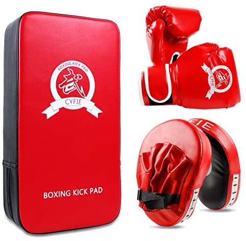 SEISSO Kids Boxing Set Boxing Pads Punching Mitts, Kids Boxing Gloves, Leather Boxing Training Equipment, Boxing Mitts Kick Pads for Karate, Muay Thai, Taekwondo, MMA