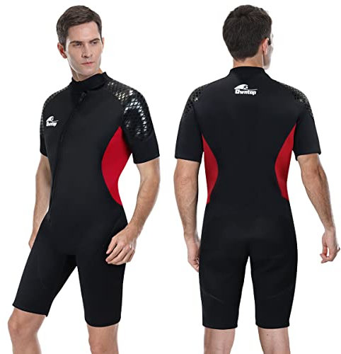 Owntop Shorty Neoprenanzug für Herren – 3mm Neopren Tauchanzüge Stretch Kurzarm Einteiler Tauchhaut Frontreißverschluss UPF50+ Thermo-Badebekleidung zum Surfen Schwimmen Schnorcheln Wassersport, XXL
