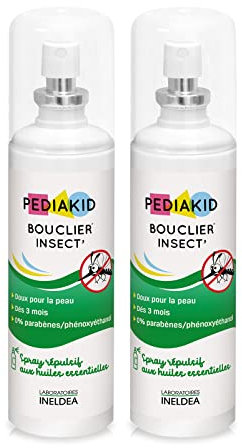 PEDIAKID - Bouclier Insect - Spray répulsif naturel anti-moustiques aux huiles essentielles - Eau florale biologique de Lavandin & Géraniol - Sans paraben - Protection 8H - Dès 3 mois - 2 spray 100 ml