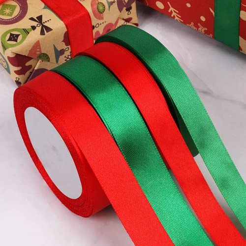 4 Rollos Cinta de Satén, 88 Metros Cinta De Raso de Doble Cara, Cinta de Navidad, Cinta de Satén de Poliéster, para Diy, Navidad, Ramo(Rojo, Verde)