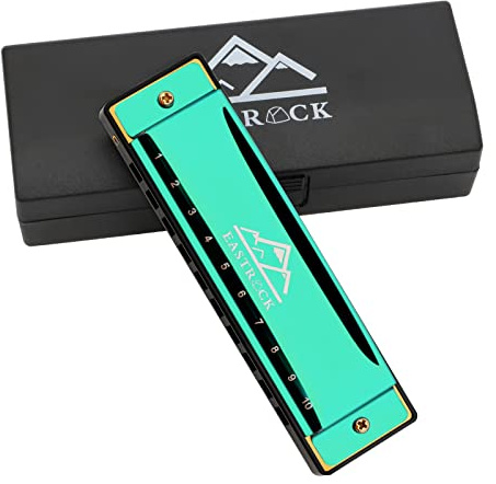 EastRock Harmonica 10 Holes 20 Tunes, Key of C, Mouth Organ for Beginners - Mini Blues Harmonica with Case and Cleaning Cloth (10 Holes, Green)