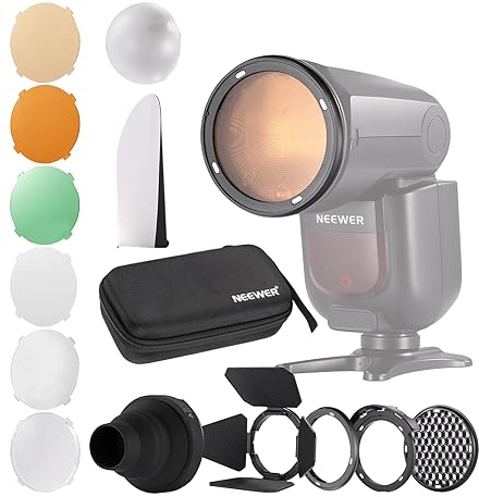 NEEWER CRM2 Kit de Accesorios Magnéticos para Flash de Cabeza Redonda Z1-C Z1-N Z1-S Z2-C Z2-N Z2-S Compatible con Godox V1 Speedlites, Incluye 14 pcs Adaptador Modificador de Control de Luz de Flash