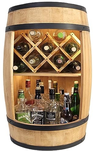 weeco Baril avec Porte-vin et éclairage LED - Tonneau en Bois - Décoration Rustique - Armoire de Bar - Support à vin - Bar à Whisky - Cadeau - Casier à Vin - Baril Whisky - Barrique bière 80x50cm
