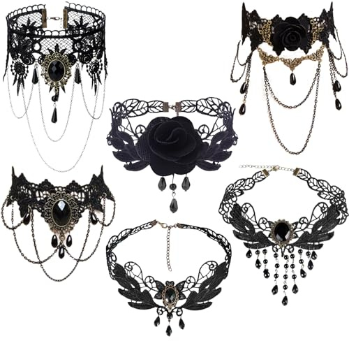 BDSHUNBF 6 Pièces Dentelle Noire, Collier Ras du Cou, Gothique Collier Choker, Party Accessoires pour Femmes Filles Halloween Costume