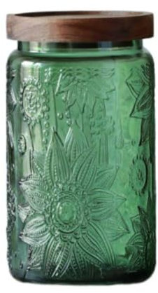 Vintage Glass Storage Jar with Solid Wood Lid - Sunflower Design Kitchen Canister for Coffee, Candy, Laundry Detergent - Cute Food Storage Jar (Green, 34 Ounces)