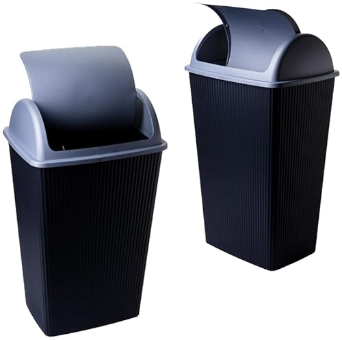 SUSTANIA Lot de 2 poubelles pour cuisine et bureau, 50 l, anti-odeurs, avec couvercle basculant, 60 x 45 x 34 cm, robustes, en plastique recyclable, noir/argent, fabriquées en UE
