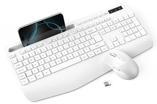 Wireless Keyboard and Mouse Combo, Full-Size Ergonomic Keyboard with Wrist Rest, Phone Holder, Sleep Mode, Silent 2.4GHz Cordless Set for Computer, Laptop, PC, Mac, Windows (White)