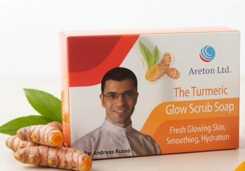 Savon exfoliant au curcuma Areton avec acide salicylique, Aloe Vera pour un éclat frais, soins de la peau.