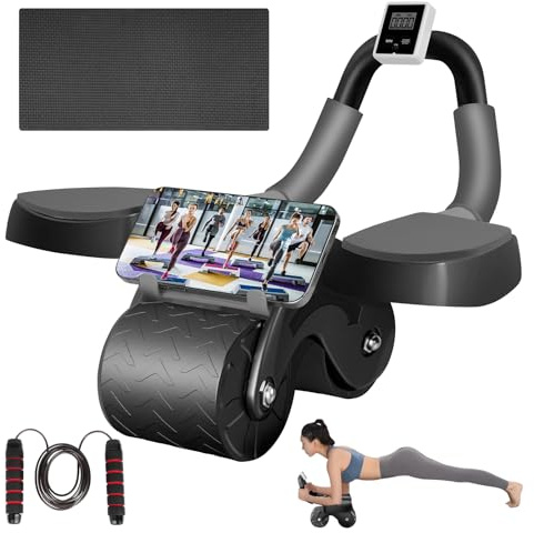 Flintronic Ab Roller Wheel, Rodillo Abdominales con Temporizador Y Alfombrilla De Rodillas,con Soporte para el Codo Abdominales, para Casa Herramientas Gimnasio Multifunción(Negro)