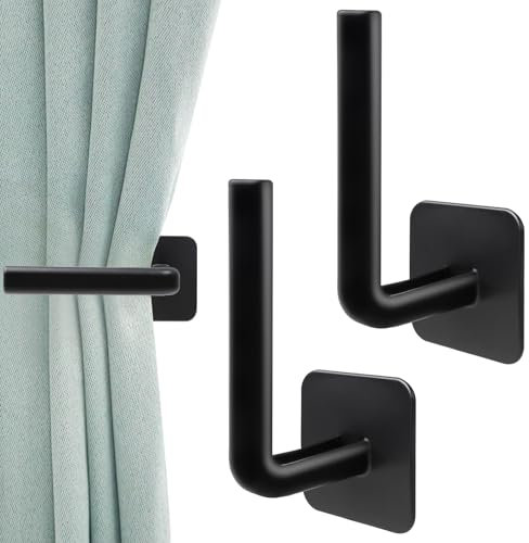 2 Pack Curtain Holdbacks Adhesive Curtain Tie Backs Hooks, L Shaped Curtain Holdbacks No Drill Black Tie Backs for Curtains, Wall Mounted Curtain Hooks for Home Decor Living Room Bedroom