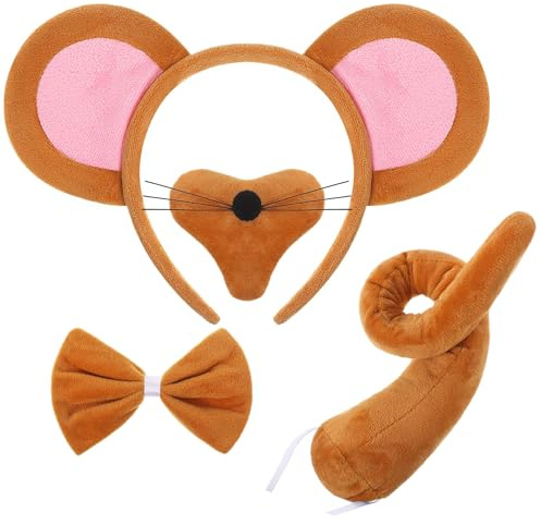 TAXTYHRE 4 Pezzi Set di Costumi Topo, Fascia per Orecchie Topo, Orecchie Naso Coda di Topo e Papillon, Costumi Animali Set, per Bambino Halloween Carnevale Cosplay Festa Compleanno