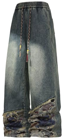 GMOYD Jean patchwork vintage décontracté pour homme - Avec cordon de serrage - Style hip hop, bleu, XL