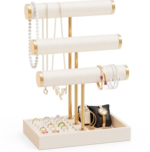 Abiglifty 3 Tier Necklace Holder Display, Jewelry Organizer, Jewelry Stand, Bracelet Display, Necklace Organizer, Bracelet holder, Jewelry Display for Necklace, Watches, Rings, Beige