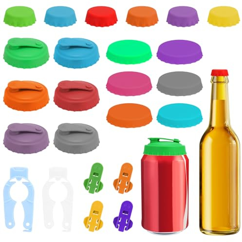 KMFYMPT Juego de 24 Piezas Tapas para Latas de Refresco, 12 Tapa Latas Refresco 6.5 cm, 6 Tapón de Botella de Cerveza 3.2 cm, 6 Abrelatas de Cerveza de Soda, Apto Latas Bebidas Tamaño Estándar