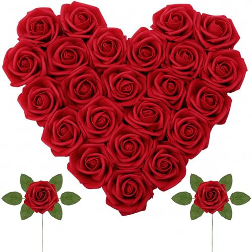 Lifewit Artificial Flowers, 25 Pcs Dark Red Foam Real Looking Roses with Stems, Fake Roses for DIY Wedding Bouquets, Centerpieces Arrangements, Valentine Decorations