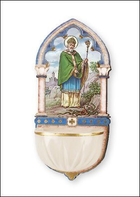 Catholic Gifts - Luminous Saint Patrick Holy Water Font with Gold Foil Highlights.
