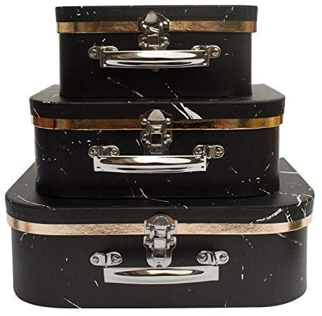 Emartbuy Black Marble Suitcase Gift Boxes Set of 3 – Prebuilt Cardboard Design with Metal Handle & Clasp – Elegant for Hampers, Keepsakes & Gifting – 30.2×21.9×9.5/25×18.8×8.8/20.2×16×8.2 cm