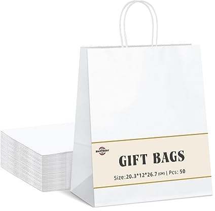 Switory 50 Stück Kraft Papiertüte mit Griffen, weiße Papiertüten mit Henkel, Geschenktüten für Partybevorzugung, Verpackung, Anpassung, Tragen, Einzelhandel, Waren, Hochzeit(20cm x 12cm x 26,5cm)