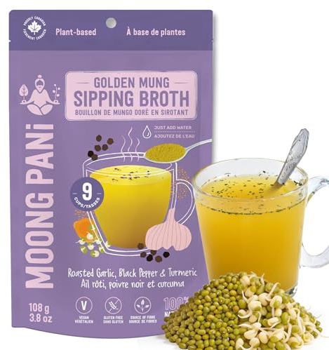 Moong Pani Whole Mung Sipping Broth Powder Roasted Garlic Black Pepper Turmeric | Plant Protein Vegan Bone Broth Alternative | High Fibre Gluten Free | 9 Cups 108g