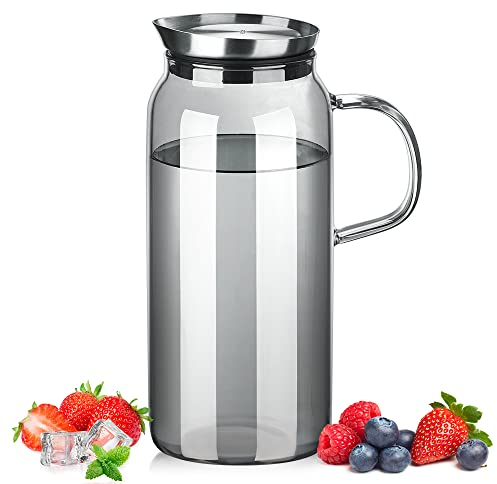 ecooe Glaskaraffe 1.5 Liter Wasserkaraffe Karaffe Glas mit Edelstahl Deckel, Schwarz Glaskrug aus Borosilikatglas Wasserkrug Glaskanne für Heißes/Kaltes Wasser, DIY Getränke, Saft, Milch,Tee, Kaffee