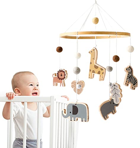 Promise Babe Mobile Bébé Animaux Carillons avec boules de feutre Girafe Lion Eléphant Zèbre Bébé Chambre Bois Crocheté Mobile Nouveau-né Garçon Fille Hippopotame Feuilles Cloches de Lit Déco