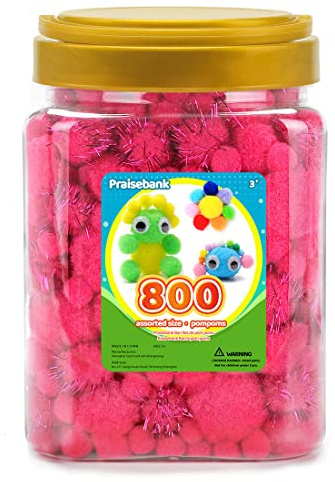 Praisebank Pink Pom poms, 800pcs Assorted Size, Pom Poms for Arts and Crafts, Pom Pom Balls in jar,Pom Poms for Crafts.