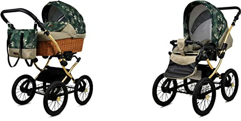 BabyLux® Bambimo Kinderwagen Set CLASSIC - 2 in 1 - FERN LEAF GOLD FRAME incl. Babywanne, Buggy Sportsitz, Kinderwagenset, Kombikinderwagen mit Wickeltasche, Regenschutz usw.