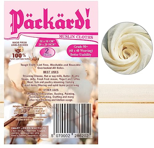 Passiertuch 2 Stück ca. 50x50 cm je Käsetuch, Grad 90+ Cheesecloth Filtertuch Seihtuch 100% ungebleicht, aus reiner Baumwolle, fusselfreie Mulltücher mit vernähten Ecken
