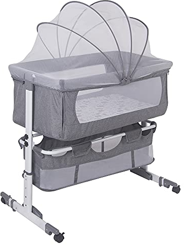 Belfoyer 3 in 1 Berceau Cododo avec Matelas et Moustiquaire, lit de Voyage, lit bébé Portable avec roulettes, Berceau pour bébé avec 4 Niveaux de Hauteur réglable, Gris