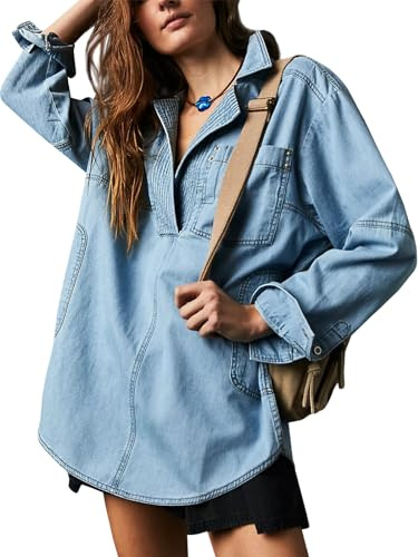 Fazortev Womens Denim Pullover Casual Button V Neck Blouse Loose Fit Long Sleeve Jean Jacket With Pocket