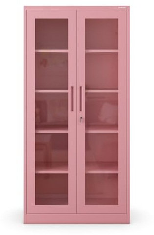 Jan Nowak Metallschrank mit Glasvitrine Aktenschrank Büroschrank Aufbewahrungsschrank 4 verstellbare Fachböden Sicherheitszylinderschloss Pulverbeschichtung 185 cm x 90 cm x 40 cm (Rosa)