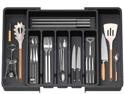 HIYAA Plateau d'Ustensiles Extensible pour Tiroir,Range Couverts,Organisateur de Tiroir pour la Cuisine,Support de Rangement en Plastique pour Couverts, Cuillères, Fourchettes,etc,Noir