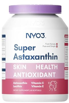 NYO3 Astaxanthine 12mg, compléments alimentaires antioxydants premium avec vitamines C et E, lécithine et huile de lin, 60 gélules molles, source fraîche de microalgues