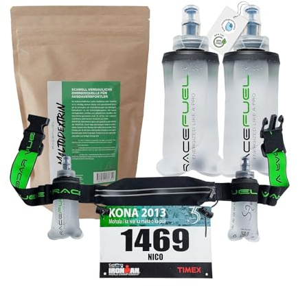 RaceFuel Energy Kit Basic, 1kg Maltodextrin Kohlenhydrat Pulver, Laufgürtel Startnummernband mit 2X 150 ml Softflasks, DIY-Energy-Gel, Laufgurt, Faltbare Trinkflasche für Laufen (Runners Kit Basic)