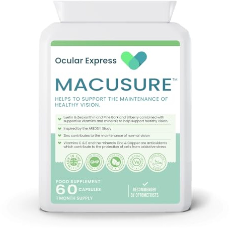 Macusure Vision Support Supplement, Lutein, Zeaxanthin, Bilberry & Pine Bark Extract, AREDS II Supplement – 60 Vegan Capsules | Eye Health & Antioxidant Support | UK Made