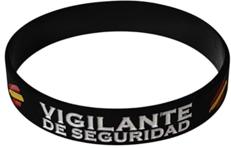 Pulsera Vigilante de Seguridad de Silicona – Color Negro con Letras Blancas, Línea Amarilla y Bandera de España – Unisex, 63 mm de Diámetro Interno, 12 mm de Ancho, 21 cm de contorno - 1 unidad