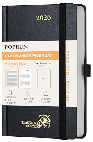 POPRUN Kalender 2026 Tagesplaner Hardcover 16 x 10,5 cm, Tageskalender A6 1 Tag 1 Seite (Montag - Sonntag), Terminplaner (Jan.2026-Dez.2026) mit Stiftschlaufe - Schwarz
