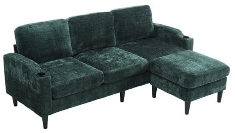 HAINEW Modern hörnsoffa med förvaringsutrymme och pall, 3-sitsig L-formad soffa med mugghållare och sidoficka, för vardagsrum, hem, kontor (grön)