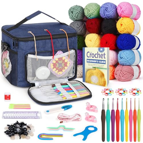 Reessy Crochet Kit, 98Pcs Crochet Kits for Beginners Adults Includes 20 × 25g Yarn Crochet Hooks Instructions and Crochet Accessories, Beginners Crochet Kit with Crochet Bag Crochet Supplies Gift