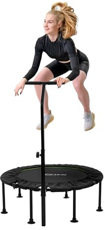 Hauki Trampoline de Fitness Ø102cm Vert, Rebondisseur d'Intérieur, Barre de Maintien Réglable en Hauteur, Structure en Acier, Capacité 150 kg, Plateforme de Saut Silencieuse pour Exercices à la Maison