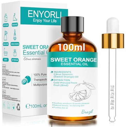ENYORLI Aceite Esencial de Naranja Dulce 100ml con Dosificador para Difusor | Fragancia Cítrica Dulce para Humidificador Velas y Jabones DIY Vegano Ideal para Perfumar Hogar y Armarios