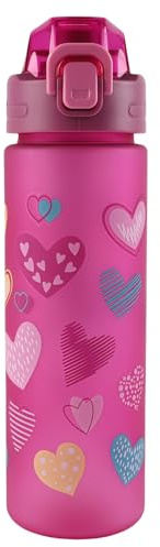 MHwan Vattenflaska för barn, 700 ml, lämplig för kolsyra, läckagesäker, BPA-fri, en touch-öppning, lätt att rengöra, vattenflaska med stor kapacitet, lämplig för skola (hjärta)